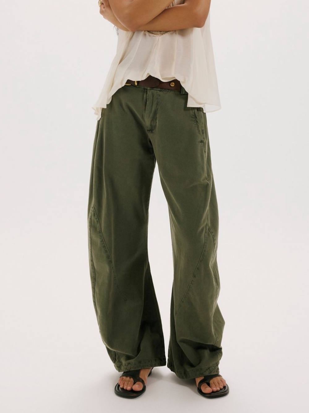 Free People Spotlight Barrel Chino Trousers in Dusty Olive - Picture 1 of 7